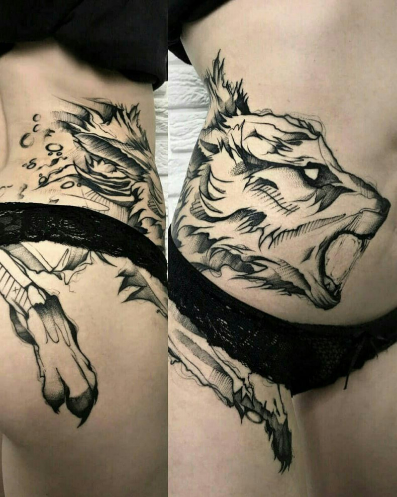 Frauen wolf linework, photo - Tattoo-Meister Barb Tattoo