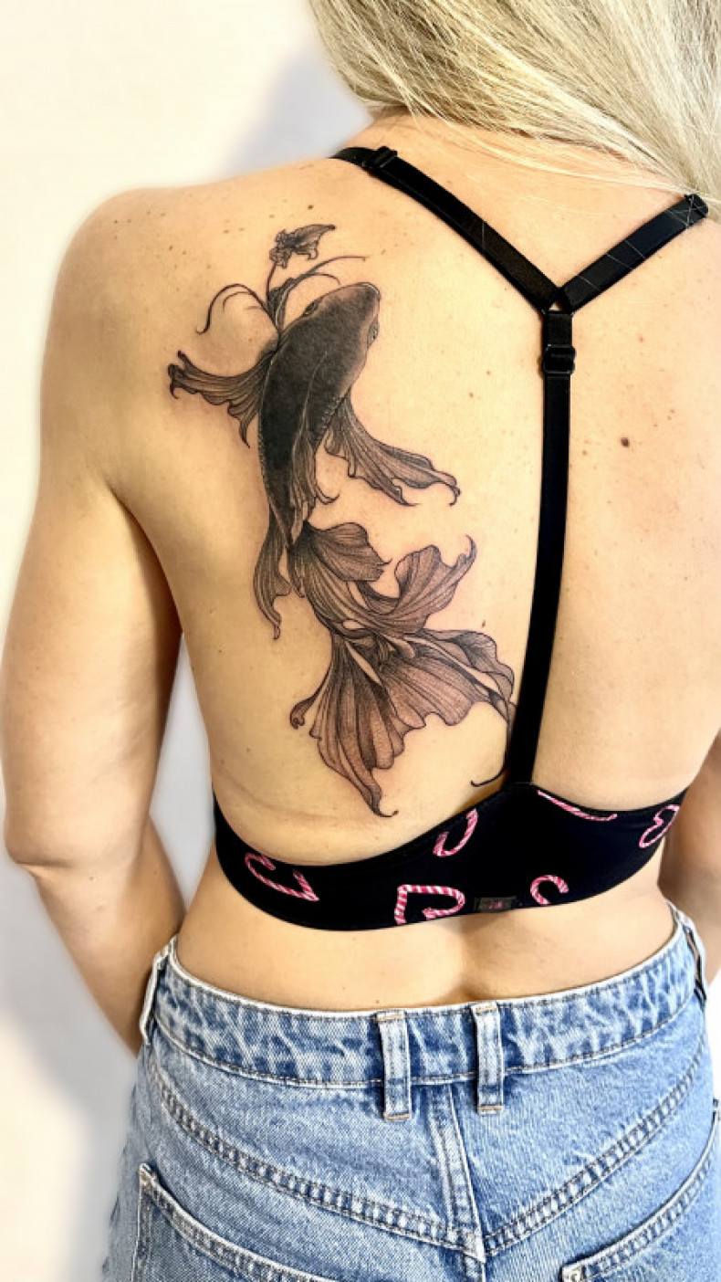 Women gold fish shoulder blade, photo - Tattoo Master Barb Tattoo