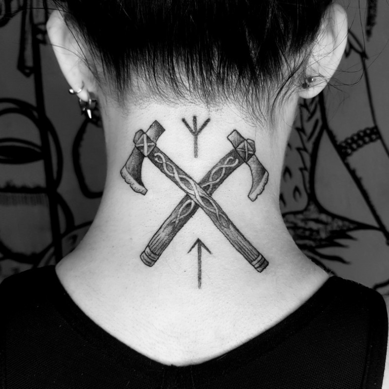 Women neck rune peace, photo - Tattoo Master Barb Tattoo