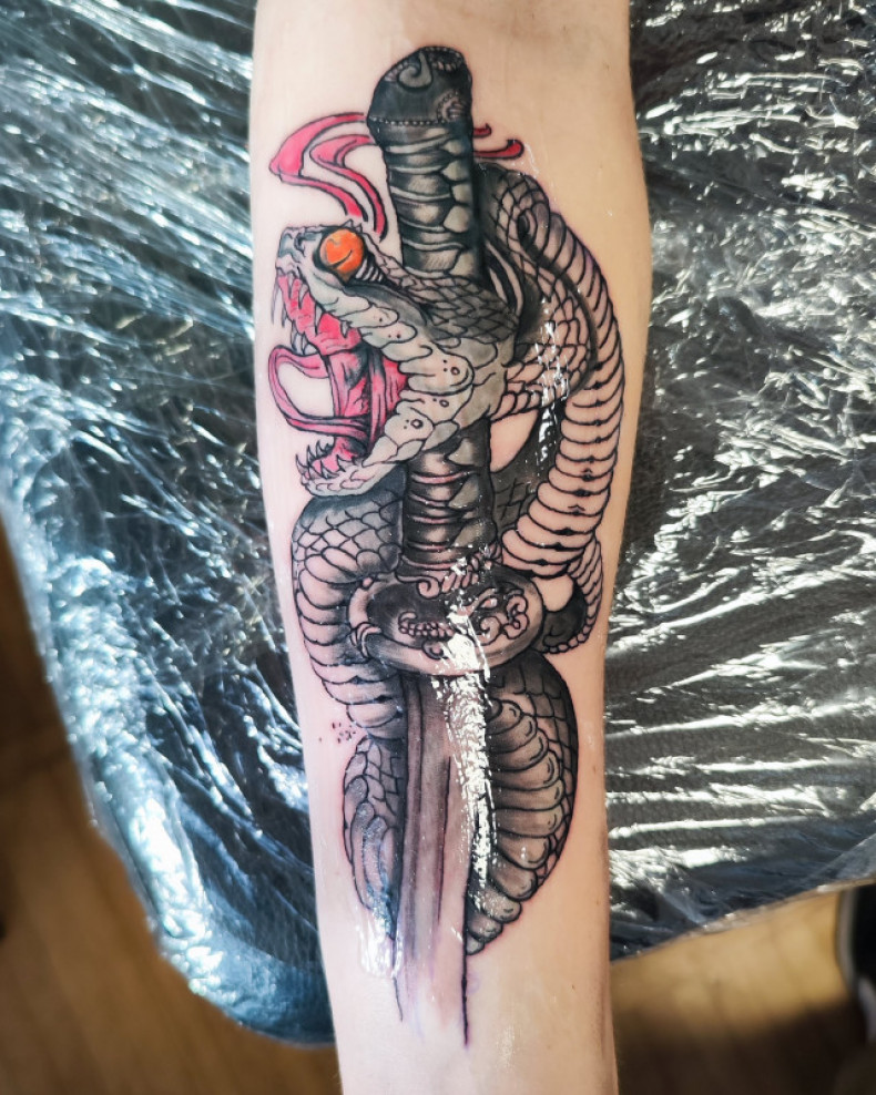 Wąż na ramieniu katana, photo - Tatuażysta Barb Tattoo