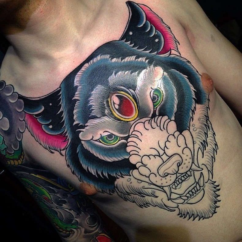 Wolf chest neo traditional, photo - Tattoo Master Barb Tattoo