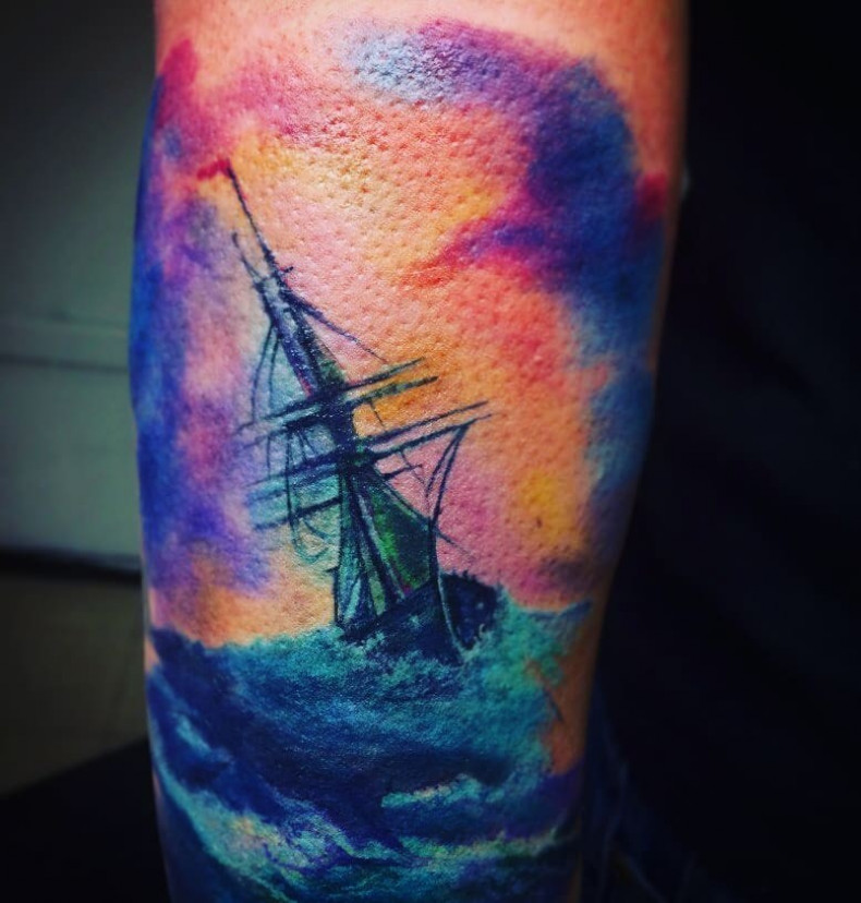 Arm Aquarell Schiff, photo - Tattoo-Meister Barb Tattoo