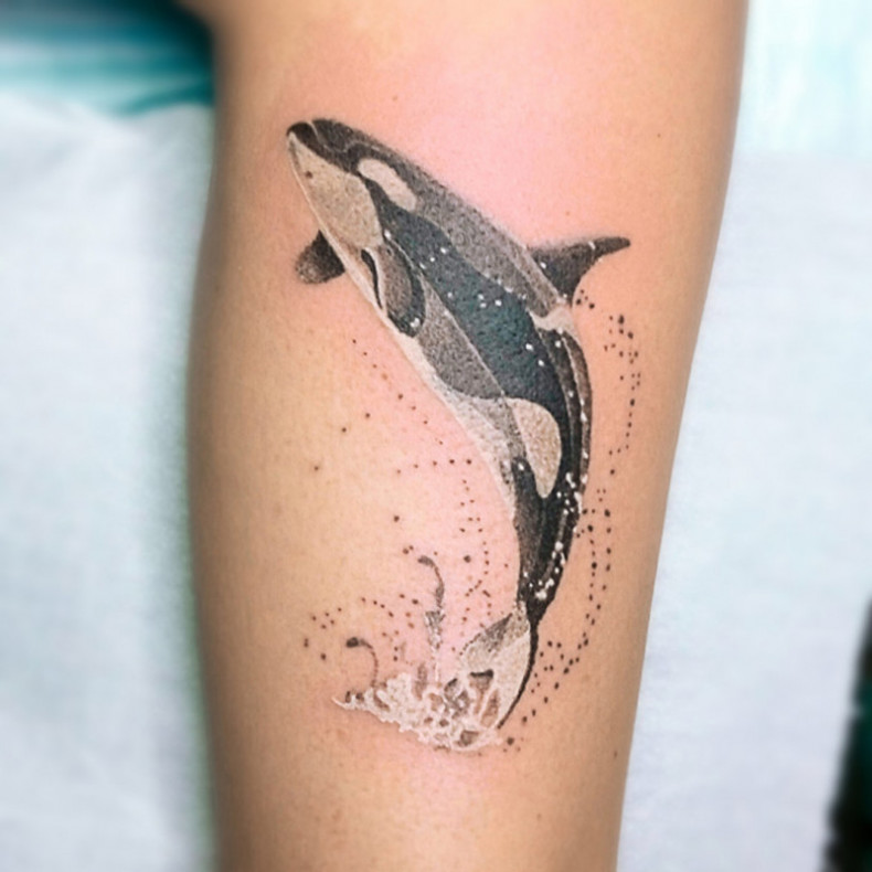 Arm black and grey whale, photo - Tattoo Master Barb Tattoo