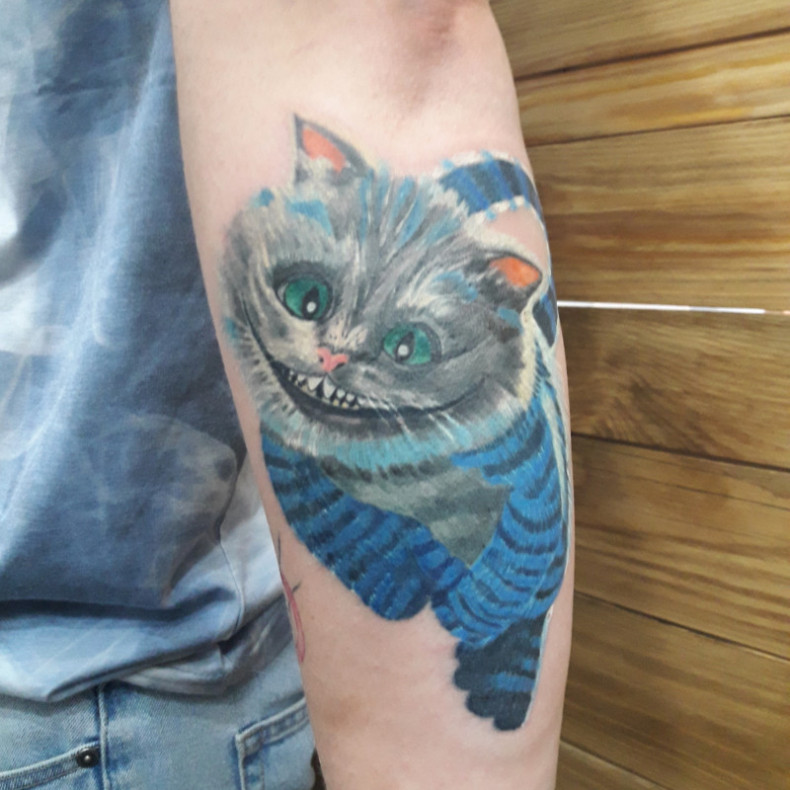 На руке цветные Чеширский кот, photo - Тату мастер Barb Tattoo