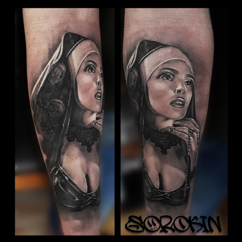 Arm black and grey nun, photo - Tattoo Master Barb Tattoo