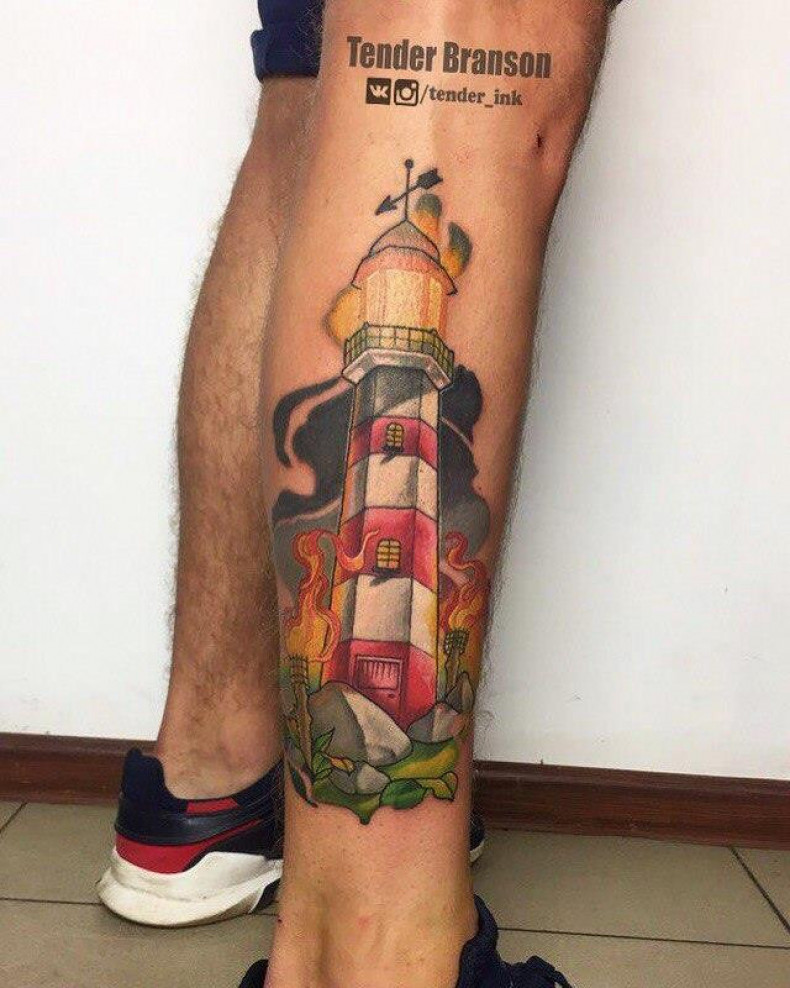 Tower lighthouse shin, photo - Tattoo Master Barb Tattoo