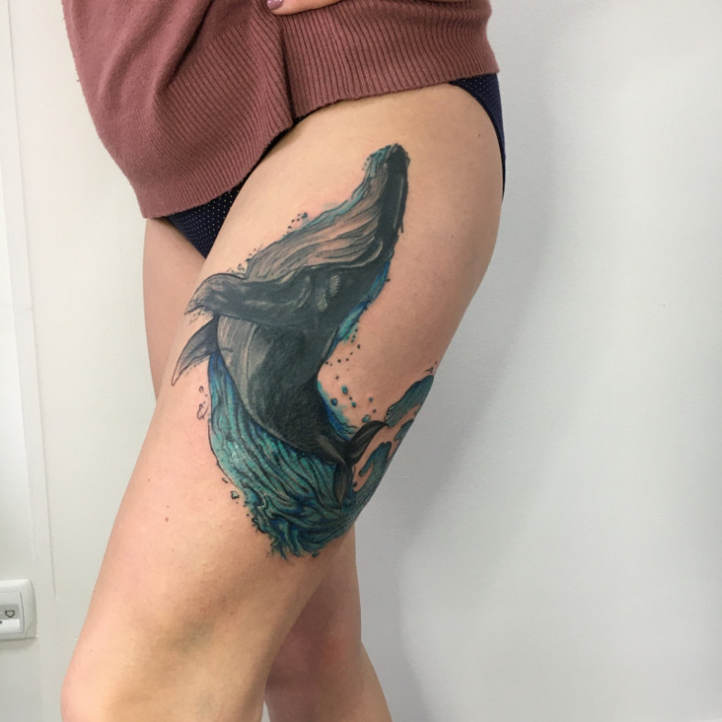 Black and grey whale leg, photo - Tattoo Master Barb Tattoo