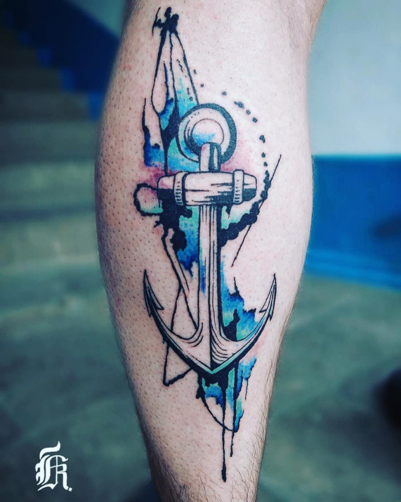 Leg colorful anchor, photo - Tattoo Master Barb Tattoo