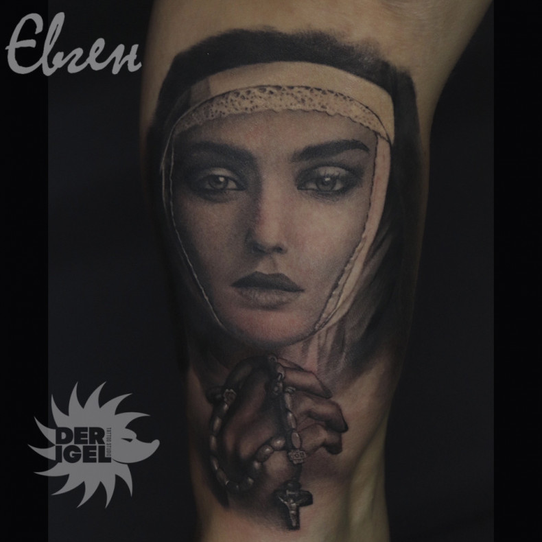 Black and grey nun leg, photo - Tattoo Master Barb Tattoo