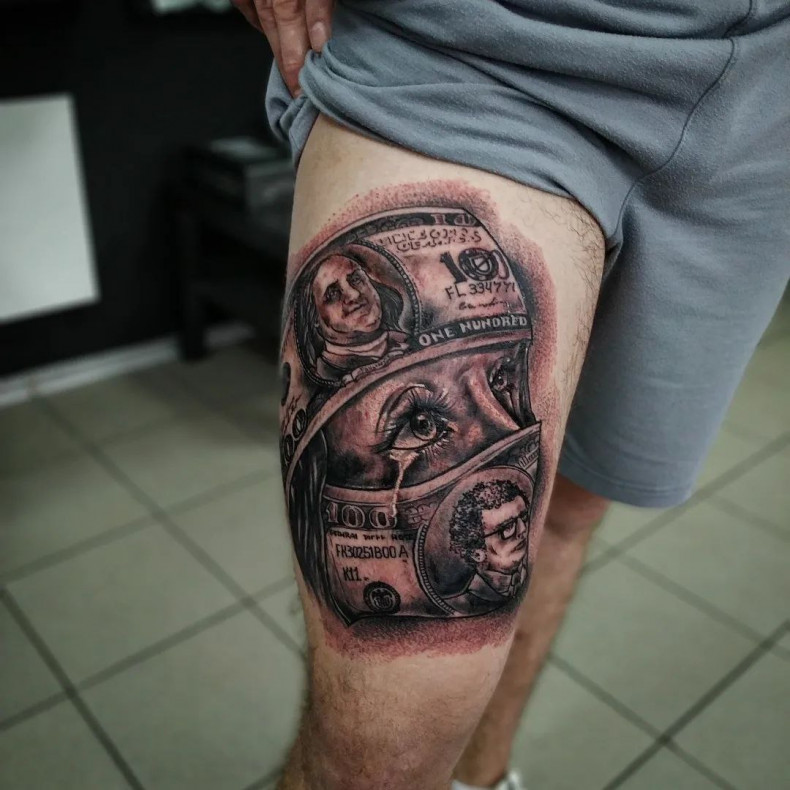 Pieniądze znak dolara na nodze, photo - Tatuażysta Barb Tattoo