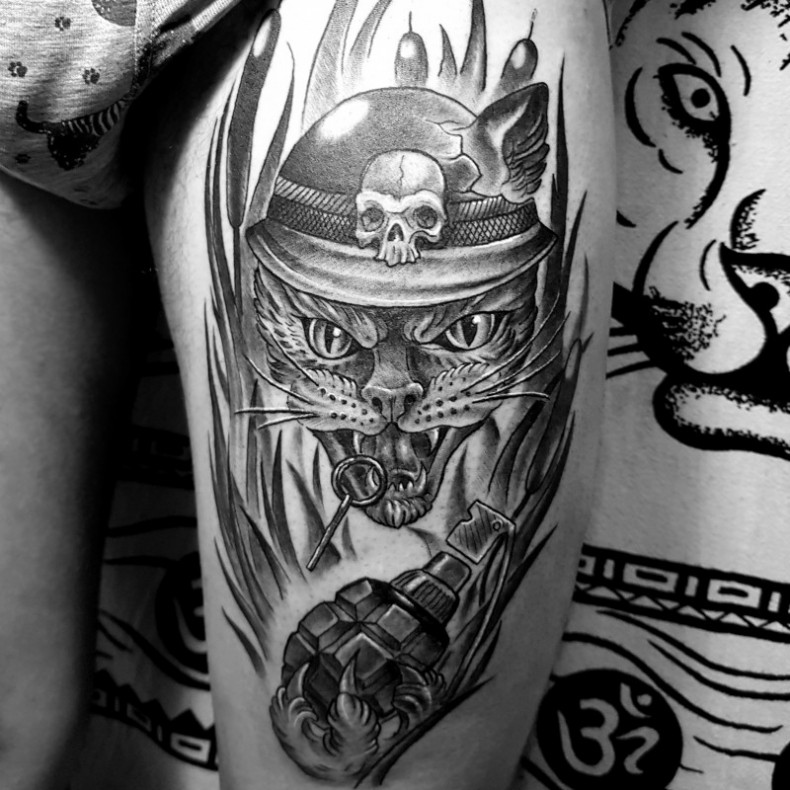 Military grenade cat, photo - Tattoo Master Barb Tattoo