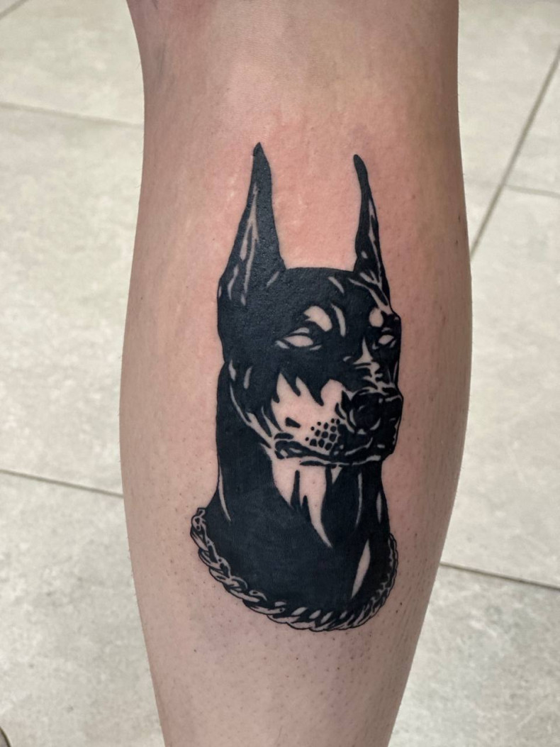 Blackwork doberman na nodze, photo - Tatuażysta Barb Tattoo