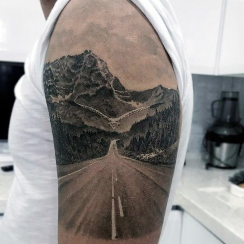 Mountain road tattoo, photo - Tattoo Master Barb Tattoo