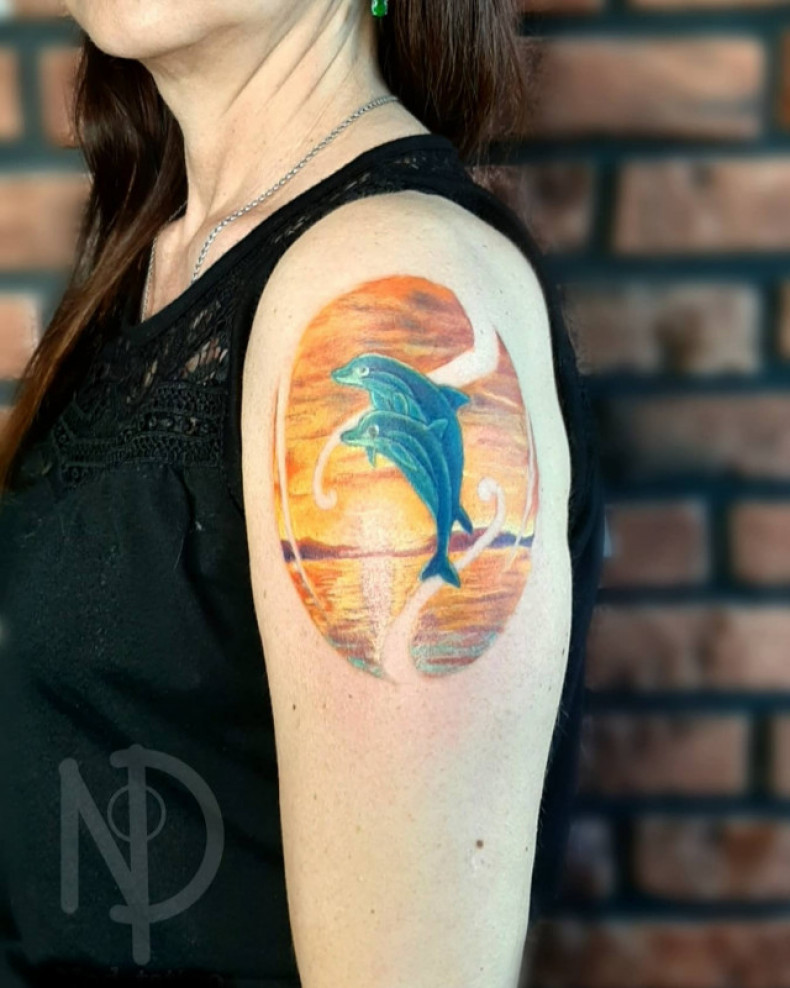 Delfin na ramieniu kolorowy, photo - Tatuażysta Barb Tattoo