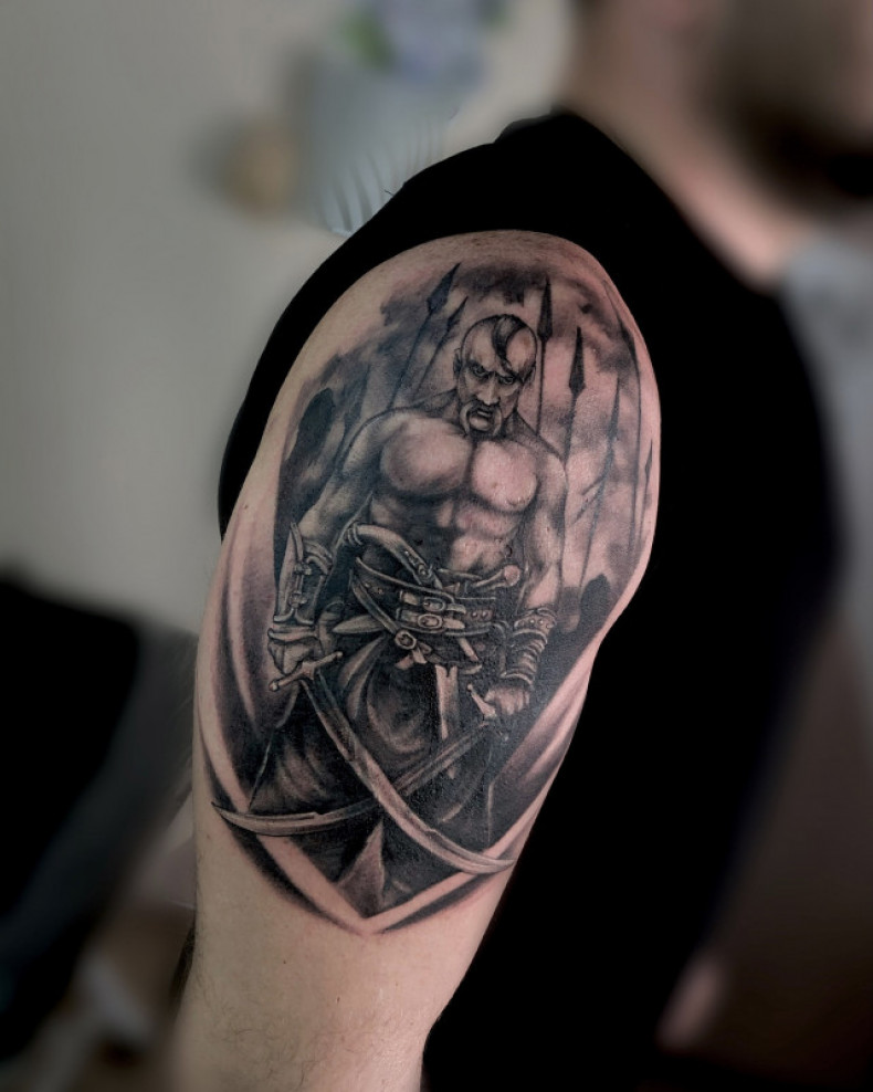 Black and grey Cossack shoulder, photo - Tattoo Master Barb Tattoo