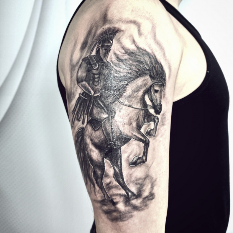 Black and grey warrior horse, photo - Tattoo Master Barb Tattoo