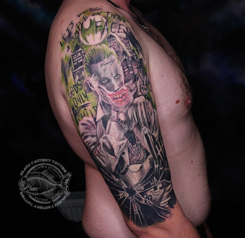 Joker shoulder colorful, photo - Tattoo Master Barb Tattoo