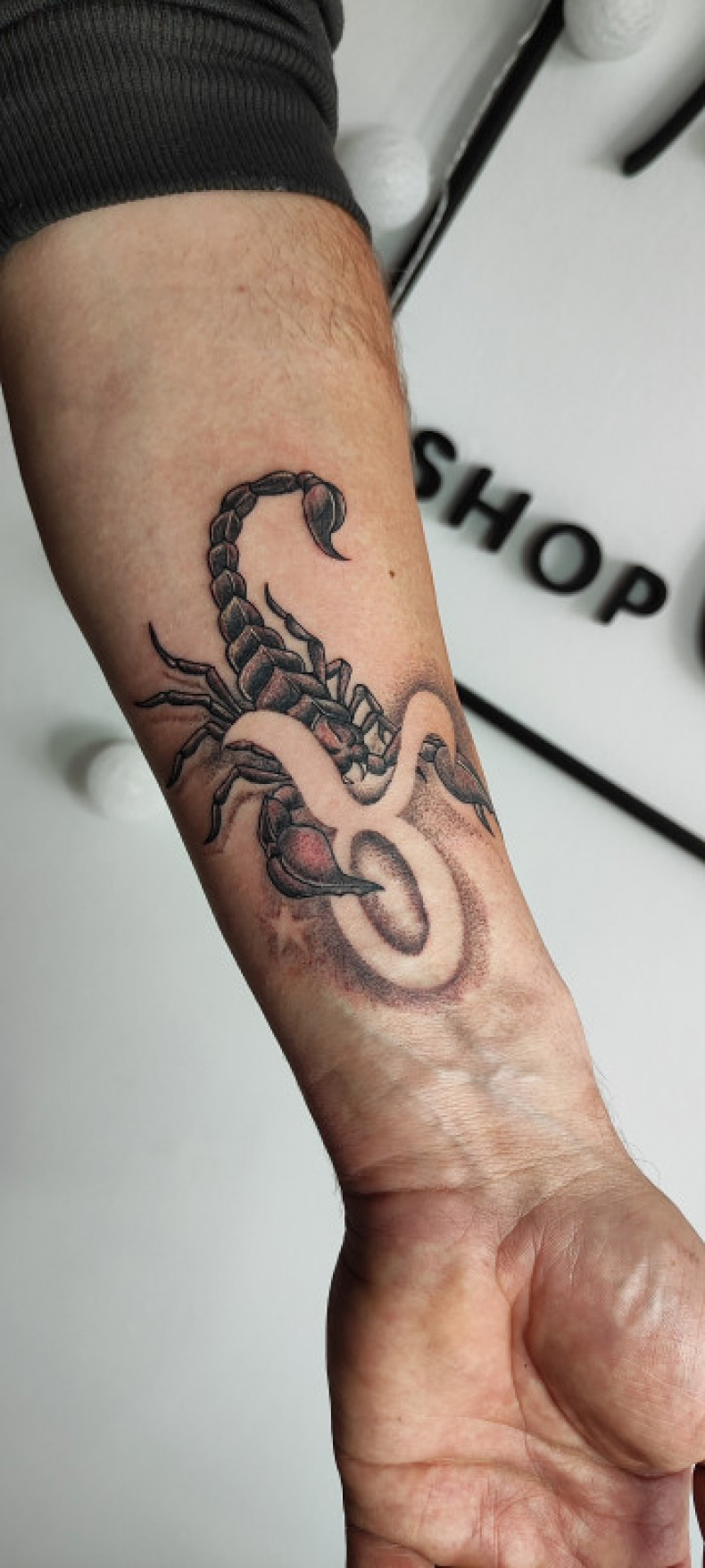 Zodiac sign forearm scorpion, photo - Tattoo Master Barb Tattoo