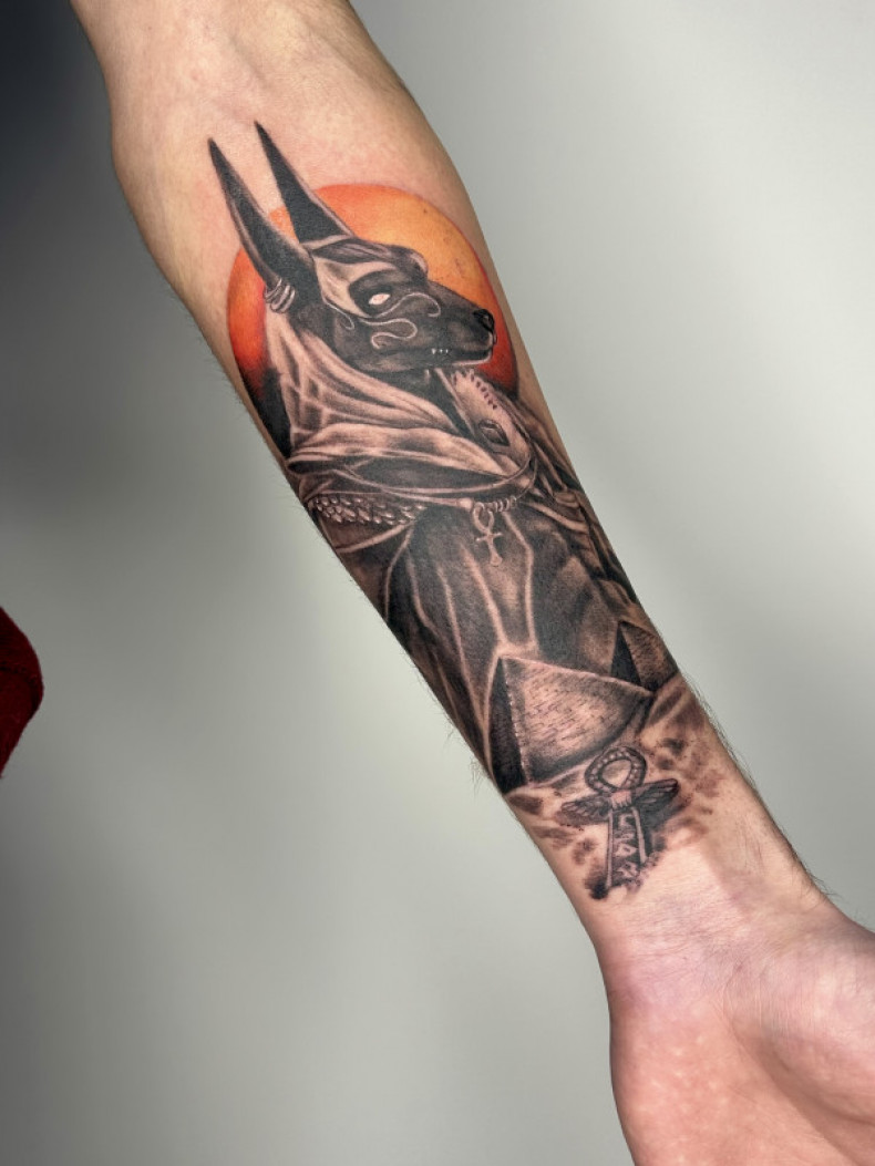 Anubis egyptian forearm, photo - Tattoo Master Barb Tattoo