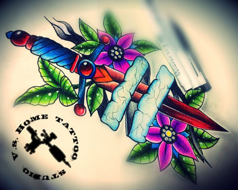 Dagger neo traditional colorful, photo - Tattoo Master Barb Tattoo