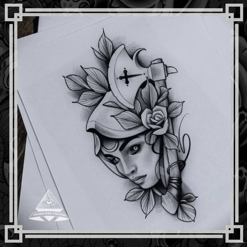 Woman face axe sketch, photo - Tattoo Master Barb Tattoo