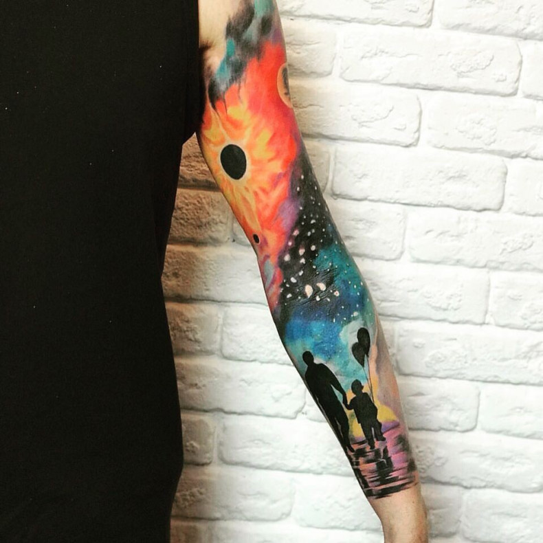 Akwarela kosmos rękaw, photo - Tatuażysta Barb Tattoo