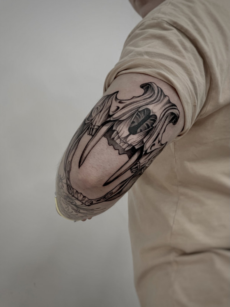 Elbow skull, photo - Tattoo Master Barb Tattoo