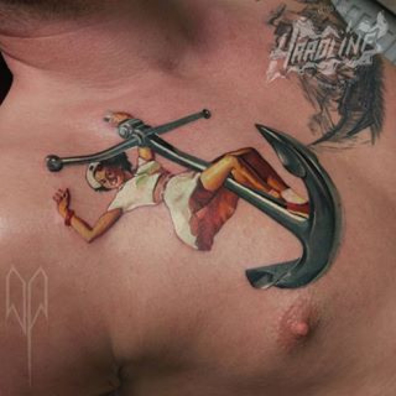 На груди цветные якорь, photo - Тату мастер Barb Tattoo