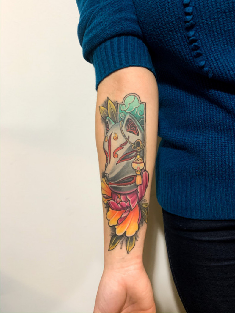 Kitsune kolorowy, photo - Tatuażysta Barb Tattoo