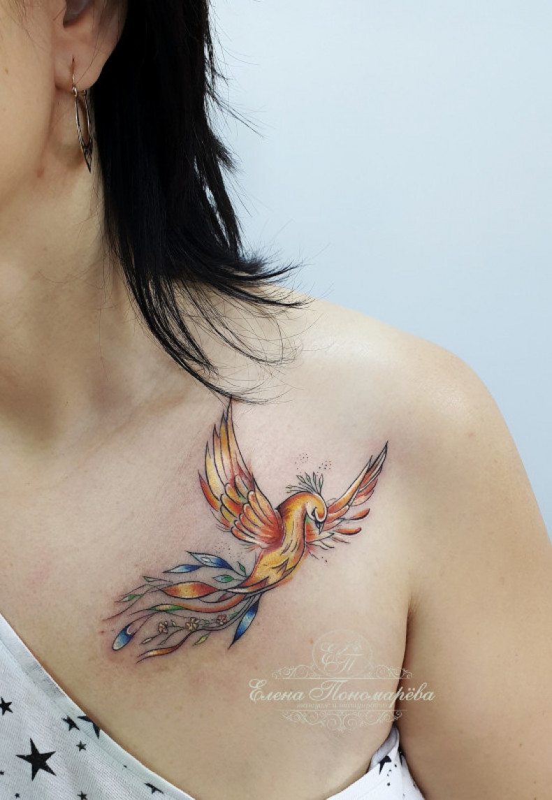 Watercolor firebird chest, photo - Tattoo Master Barb Tattoo