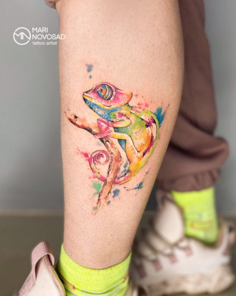 Watercolor chameleon colorful, photo - Tattoo Master Barb Tattoo