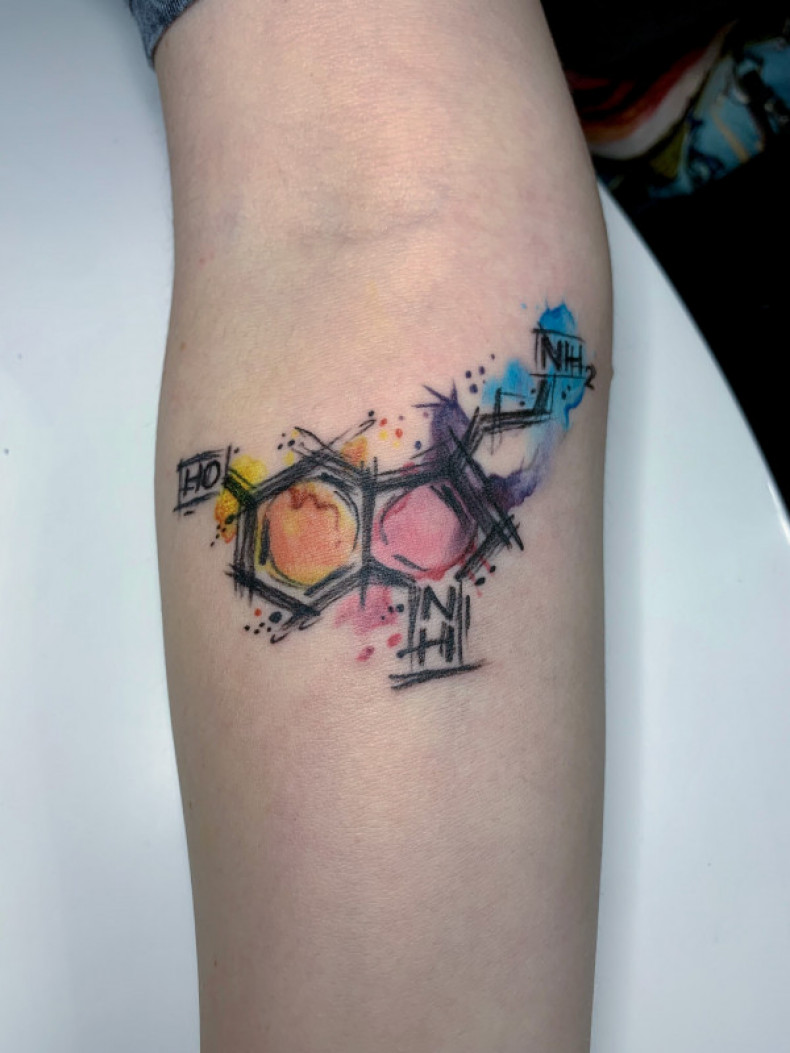 Serotonin molecule in watercolor technique, photo - Tattoo Master Barb Tattoo