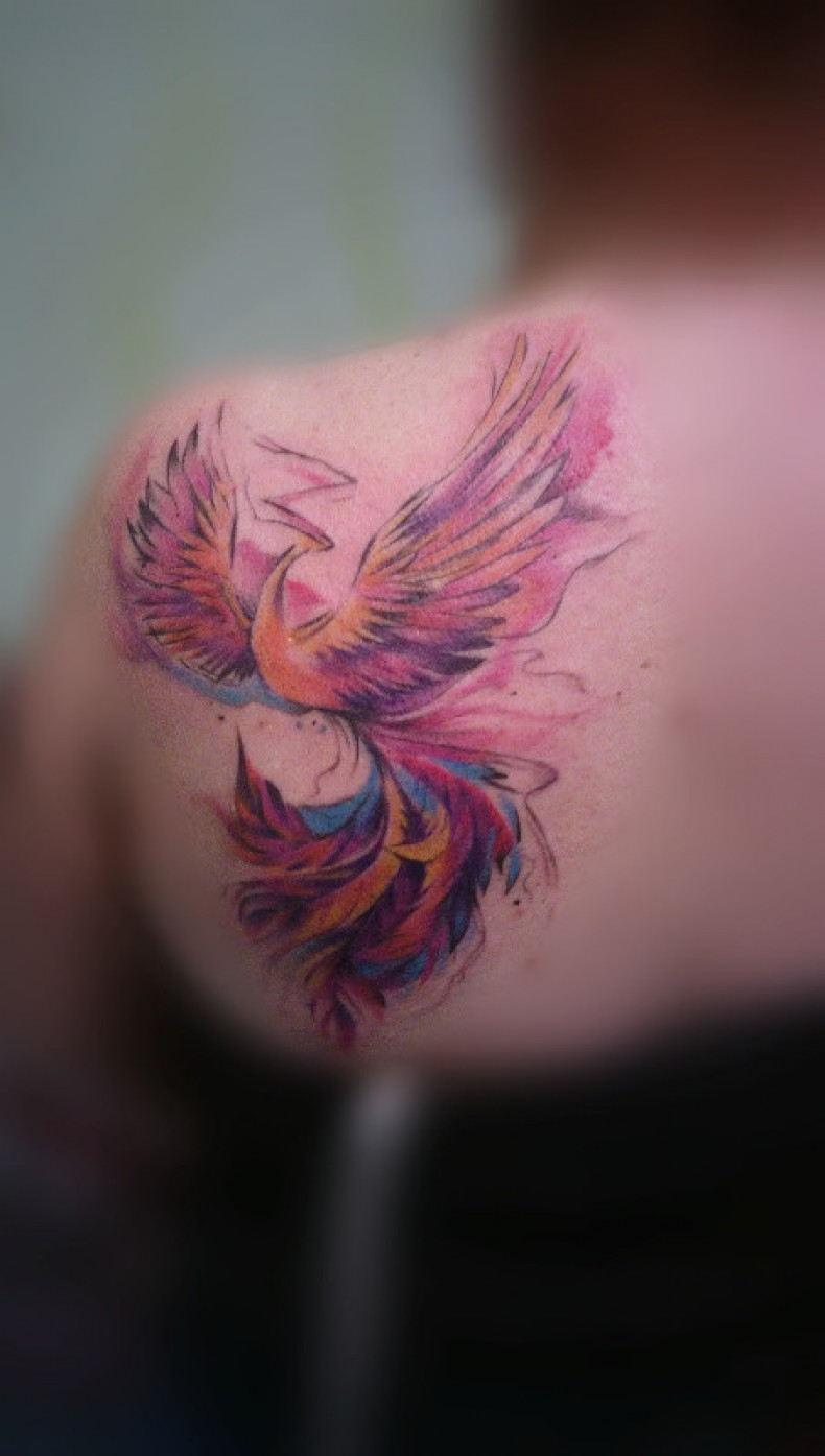 Watercolor firebird shoulder blade, photo - Tattoo Master Barb Tattoo