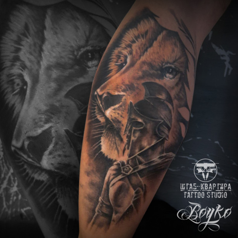 Spartan with a lion in Black&amp;grey style on the calf, 2 sessions 240, photo - Tattoo Master Barb Tattoo