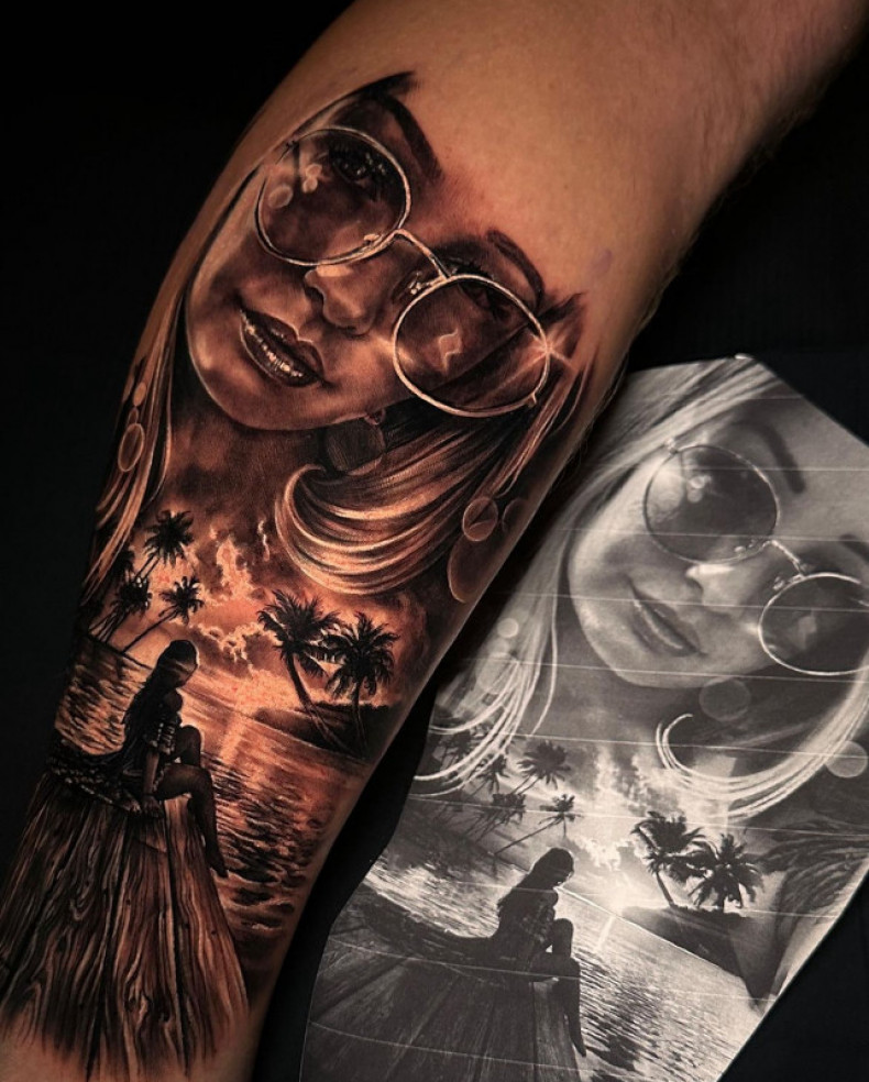 Девушка море пальма, photo - Тату мастер Barb Tattoo