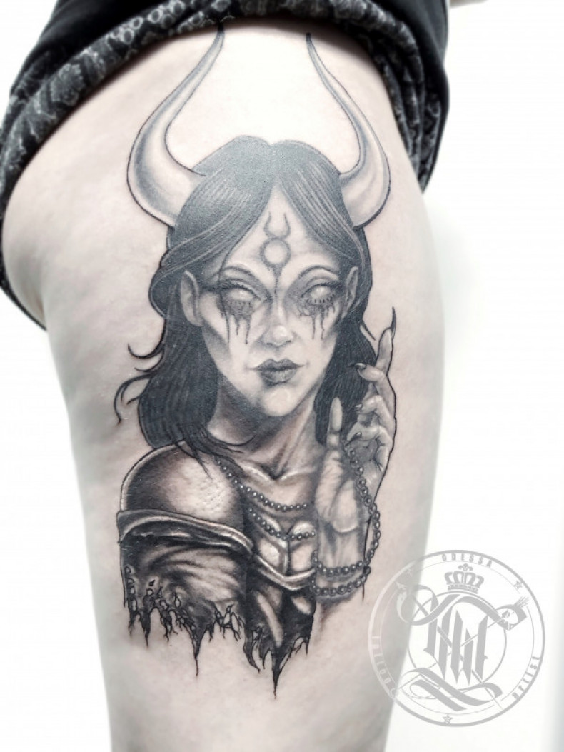 Black and grey woman face maleficent, photo - Tattoo Master Barb Tattoo