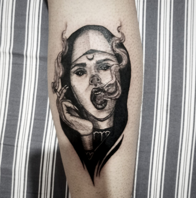 Blackwork woman face nun, photo - Tattoo Master Barb Tattoo