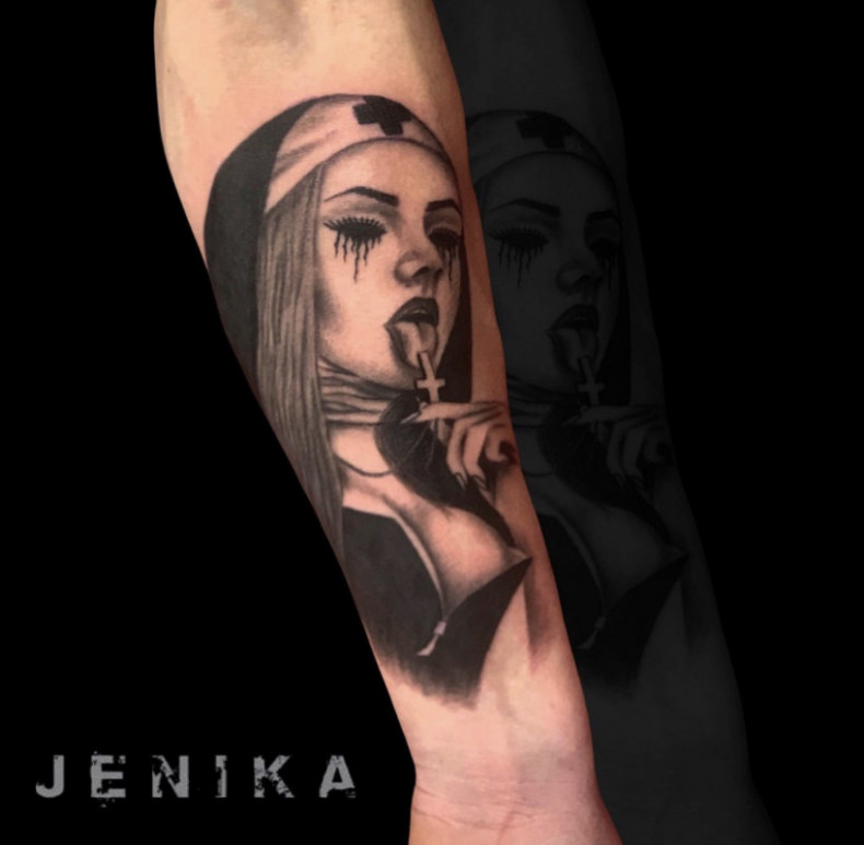 Black and grey woman face nun, photo - Tattoo Master Barb Tattoo