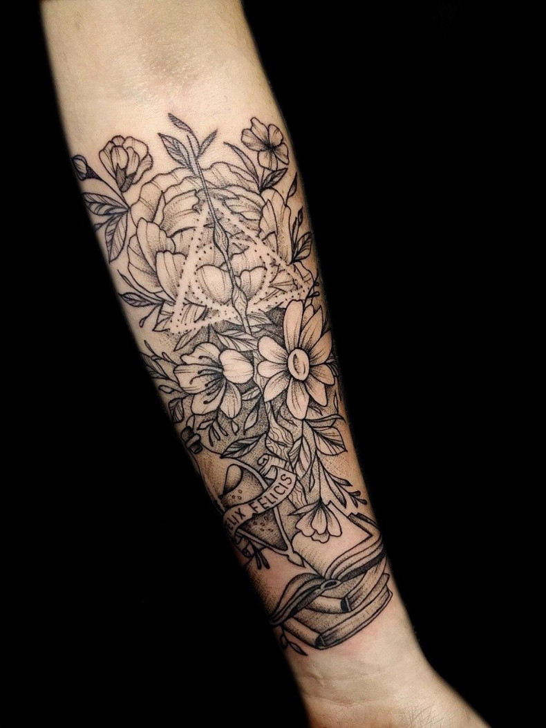 Deathly hallows book floral, photo - Tattoo Master Barb Tattoo