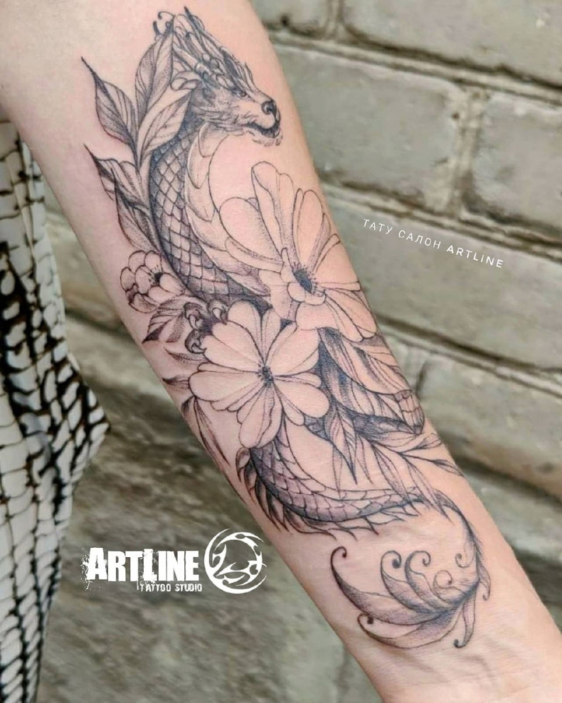 Smok Chiński linework, photo - Tatuażysta Barb Tattoo