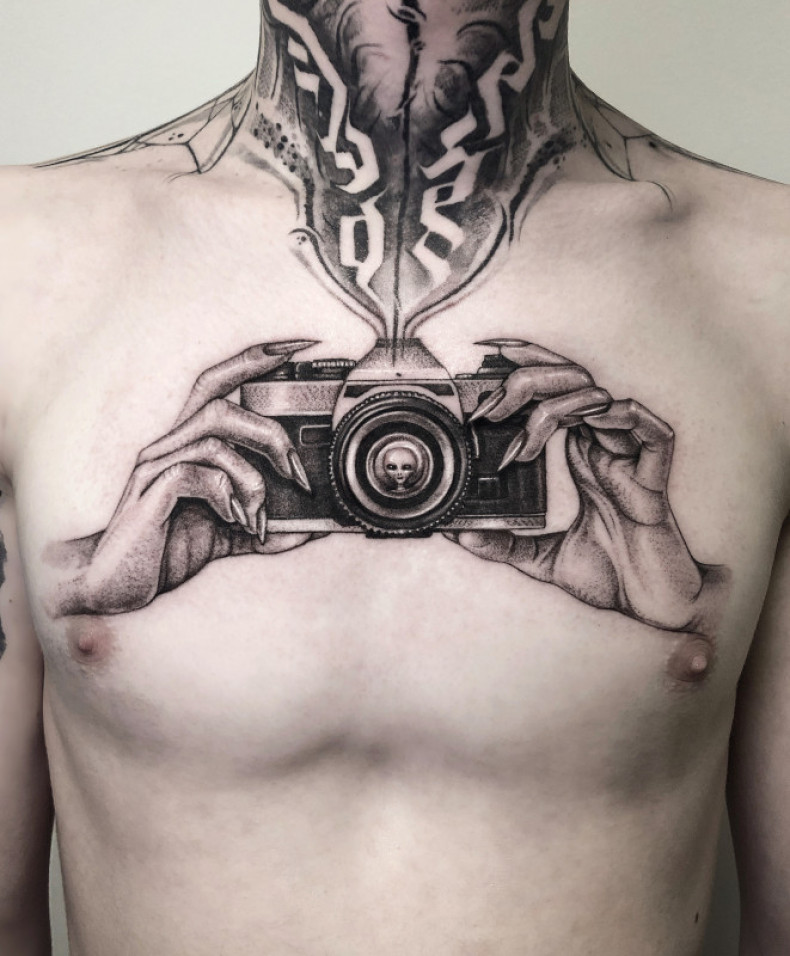 Chest hands camera, photo - Tattoo Master Barb Tattoo