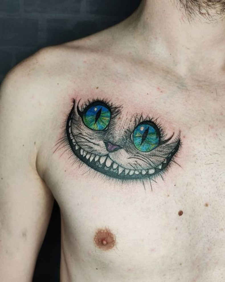 Chest Cheshire Cat, photo - Tattoo Master Barb Tattoo