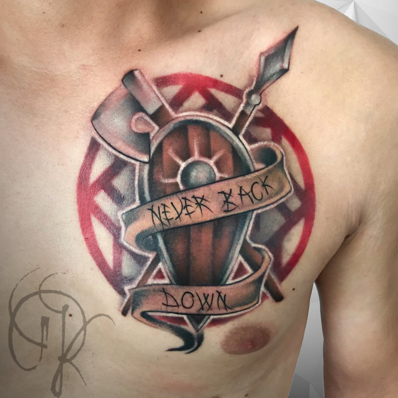 Chest axe shield, photo - Tattoo Master Barb Tattoo