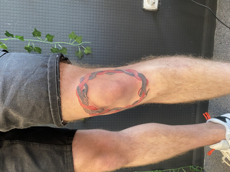 Knee ouroboros, photo - Tattoo Master Barb Tattoo