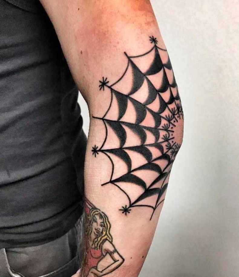 Elbow old school spider web, photo - Tattoo Master Barb Tattoo