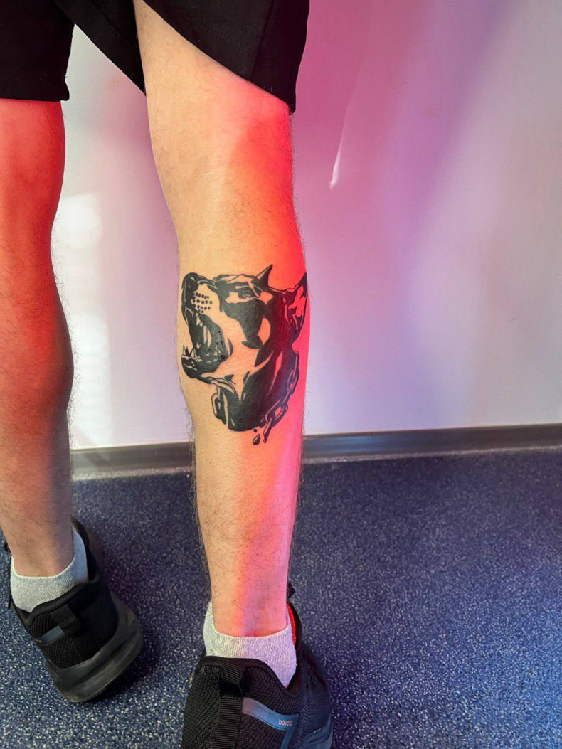 Doberman na łydce pies, photo - Tatuażysta Barb Tattoo