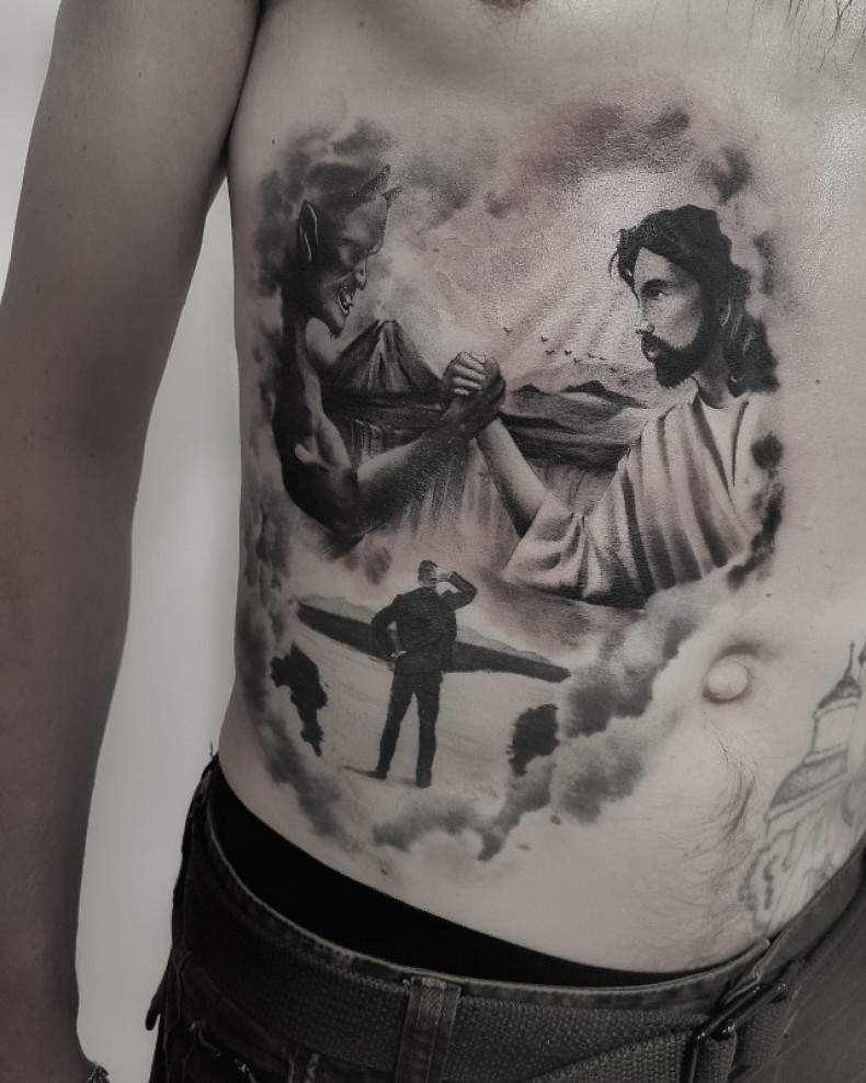 Дьявол иисус на ребрах, photo - Тату мастер Barb Tattoo