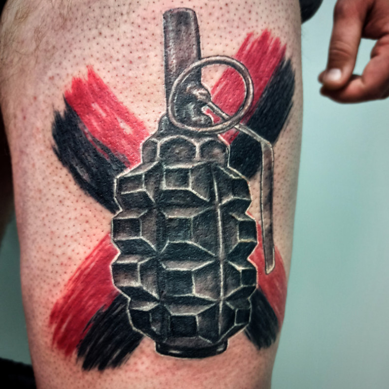 Military grenade trash polka, photo - Tattoo Master Barb Tattoo