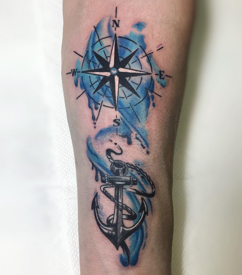 Watercolor wind rose anchor, photo - Tattoo Master Barb Tattoo