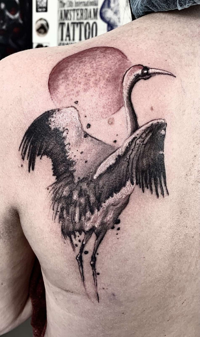 Dotwork crane bird, photo - Tattoo Master Barb Tattoo